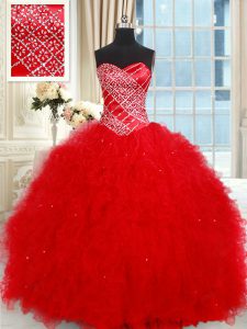 Sumptuous Red Lace Up Sweetheart Beading and Ruffled Layers Ball Gown Prom Dress Tulle Sleeveless