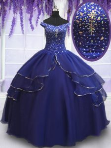 Off the Shoulder Royal Blue Organza Lace Up Sweet 16 Dresses Sleeveless Floor Length Beading and Ruffled Layers and Sequins