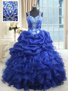 Gorgeous Straps Pick Ups Floor Length Ball Gowns Sleeveless Royal Blue Ball Gown Prom Dress Zipper
