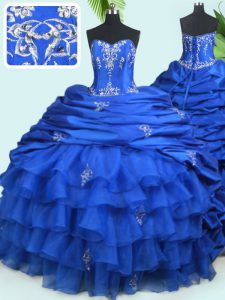 Sleeveless With Train Beading and Ruffled Layers and Pick Ups Lace Up Ball Gown Prom Dress with Royal Blue Court Train