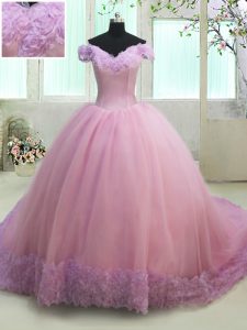 Off the Shoulder Court Train Lilac Ball Gowns Ruching Vestidos de Quinceanera Lace Up Tulle Cap Sleeves With Train