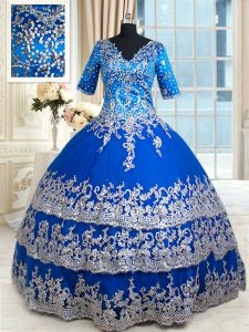 Top Selling Royal Blue Satin Zipper V-neck Half Sleeves Floor Length Quince Ball Gowns Beading and Lace and Ruffled Layers