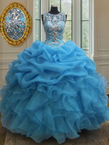 Exquisite Scoop See Through Sleeveless Floor Length Beading and Ruffles and Pick Ups Lace Up Quinceanera Gown with Baby Blue