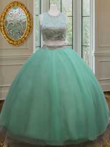 Scoop Sleeveless Floor Length Beading Zipper Sweet 16 Quinceanera Dress with Apple Green