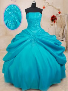 Teal Strapless Lace Up Appliques Quinceanera Dresses Sleeveless
