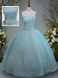 Floor Length Aqua Blue Ball Gown Prom Dress Organza Sleeveless Beading