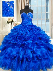 Vintage Sleeveless Organza Floor Length Lace Up Quinceanera Gowns in Royal Blue with Beading and Ruffles