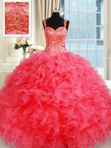 Ball Gowns Quinceanera Gown Coral Red Straps Organza Sleeveless Floor Length Lace Up