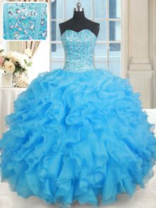 Smart Baby Blue Organza Lace Up Quinceanera Dresses Sleeveless Floor Length Beading