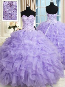 Vintage Lavender Sleeveless Beading and Ruffles Floor Length Quince Ball Gowns