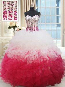 Superior Beading and Ruffles Quinceanera Gown White and Red Lace Up Sleeveless Floor Length