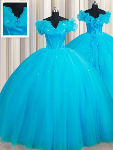 Glorious Off the Shoulder Baby Blue Sleeveless Hand Made Flower Lace Up 15 Quinceanera Dress