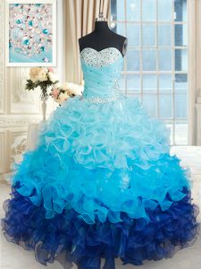 Cheap Sweetheart Sleeveless 15th Birthday Dress Floor Length Beading and Ruffles Multi-color Organza