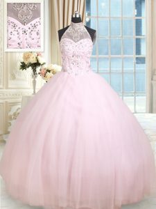 Halter Top Sleeveless Floor Length Beading Lace Up Quinceanera Dress with Baby Pink