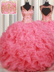Eye-catching Floor Length Pink 15 Quinceanera Dress V-neck Sleeveless Backless