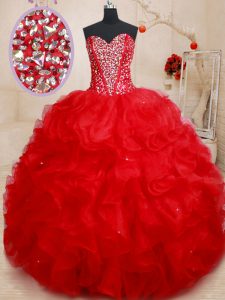 Beading and Ruffles 15th Birthday Dress Red Lace Up Sleeveless Floor Length