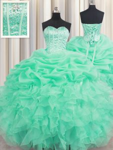 Fancy Sweetheart Sleeveless Quince Ball Gowns Floor Length Beading and Ruffles and Pick Ups Apple Green Organza