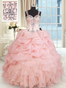 Organza Straps Sleeveless Zipper Beading and Ruffles and Pick Ups 15 Quinceanera Dress in Baby Pink