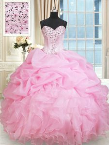 Eye-catching Organza Sweetheart Sleeveless Lace Up Beading and Ruffles and Pick Ups Vestidos de Quinceanera in Rose Pink