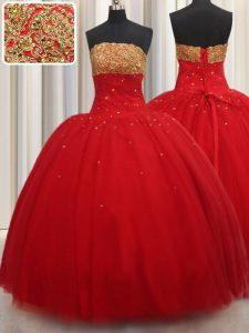 Extravagant Tulle Strapless Sleeveless Lace Up Beading Ball Gown Prom Dress in Red