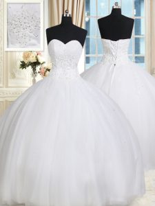 Discount White Ball Gowns Beading Sweet 16 Quinceanera Dress Lace Up Tulle Sleeveless Floor Length