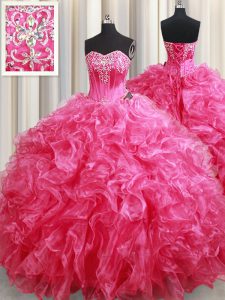 Pretty Beading and Ruffles Quinceanera Gown Hot Pink Lace Up Sleeveless With Brush Train