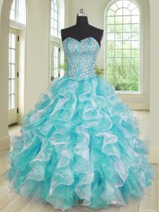 Blue And White Ball Gowns Organza Sweetheart Sleeveless Beading and Ruffles Floor Length Lace Up 15th Birthday Dress
