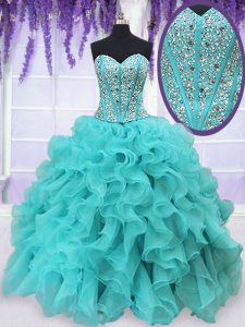 Customized Aqua Blue Lace Up Ball Gown Prom Dress Beading and Ruffles Sleeveless Floor Length