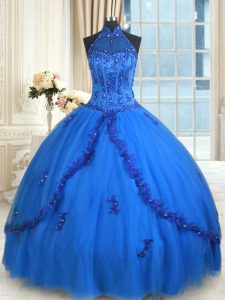 Fantastic See Through Blue Halter Top Lace Up Beading and Appliques Sweet 16 Dress Sleeveless