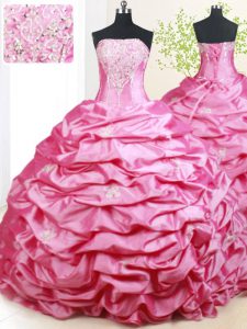 Sexy Pick Ups With Train Hot Pink Vestidos de Quinceanera Strapless Sleeveless Brush Train Lace Up