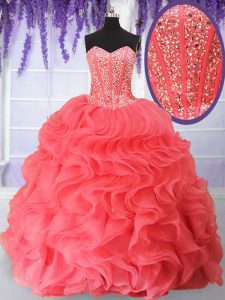 Fantastic Watermelon Red Organza Lace Up Sweetheart Sleeveless Floor Length Quinceanera Dresses Beading and Ruffles
