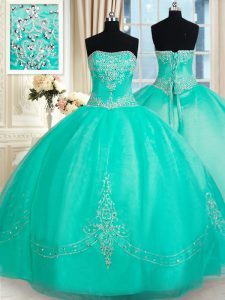 Attractive Strapless Sleeveless Lace Up Quinceanera Dress Turquoise Organza