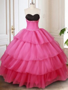 Colorful Sweetheart Sleeveless Quinceanera Gowns Floor Length Beading and Ruffled Layers Hot Pink Organza