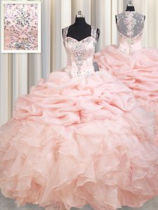 Chic Pick Ups Brush Train Ball Gowns Sweet 16 Quinceanera Dress Pink Straps Organza Sleeveless Zipper