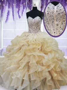 Extravagant Sleeveless Organza Floor Length Lace Up Ball Gown Prom Dress in Champagne with Beading and Ruffles
