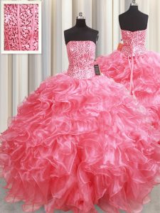 Strapless Sleeveless 15 Quinceanera Dress Floor Length Beading and Ruffles Pink Organza