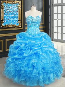 Floor Length Baby Blue Ball Gown Prom Dress Organza Sleeveless Beading and Ruffles and Pick Ups