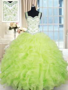 Noble Floor Length Yellow Green Quince Ball Gowns Straps Sleeveless Lace Up