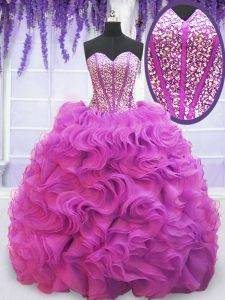 Sleeveless Organza Brush Train Lace Up 15th Birthday Dress in Purple with Beading and Ruffles