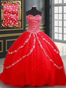 Sexy Red Ball Gowns Sweetheart Sleeveless Tulle Lace Up Beading and Appliques Quinceanera Dresses