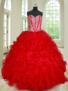 Fantastic Red Lace Up 15th Birthday Dress Beading and Ruffles Sleeveless Floor Length