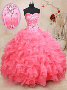 Decent Pink Ball Gowns Beading and Ruffles Sweet 16 Dress Lace Up Organza Sleeveless Floor Length