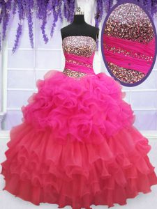 Multi-color Sleeveless Floor Length Beading and Ruffles and Ruffled Layers and Sequins Lace Up Sweet 16 Dress