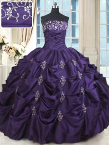 Customized Purple Lace Up Strapless Beading and Appliques 15th Birthday Dress Taffeta Sleeveless