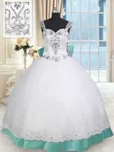 Straps Taffeta and Tulle Sleeveless Floor Length Quinceanera Gown and Beading and Lace and Bowknot