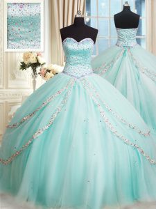 Apple Green Sleeveless With Train Beading Lace Up Quinceanera Dresses
