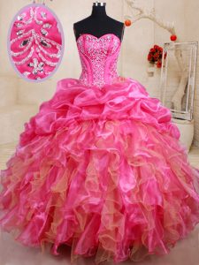 Deluxe Sweetheart Sleeveless Quinceanera Gowns Floor Length Beading and Ruffles and Pick Ups Hot Pink Organza