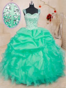 Adorable Straps Sleeveless Beading and Ruffles and Pick Ups Lace Up Quince Ball Gowns