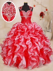 White and Red Straps Neckline Beading and Ruffles Sweet 16 Dress Sleeveless Lace Up
