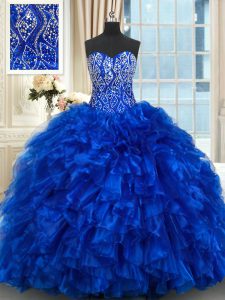 Colorful Organza Sleeveless With Train Quinceanera Gowns Brush Train and Beading and Ruffles